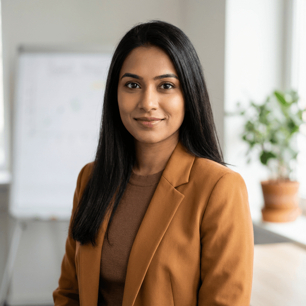 Priya Sharma, a business customer in her late 30s, photographed in a professional setting