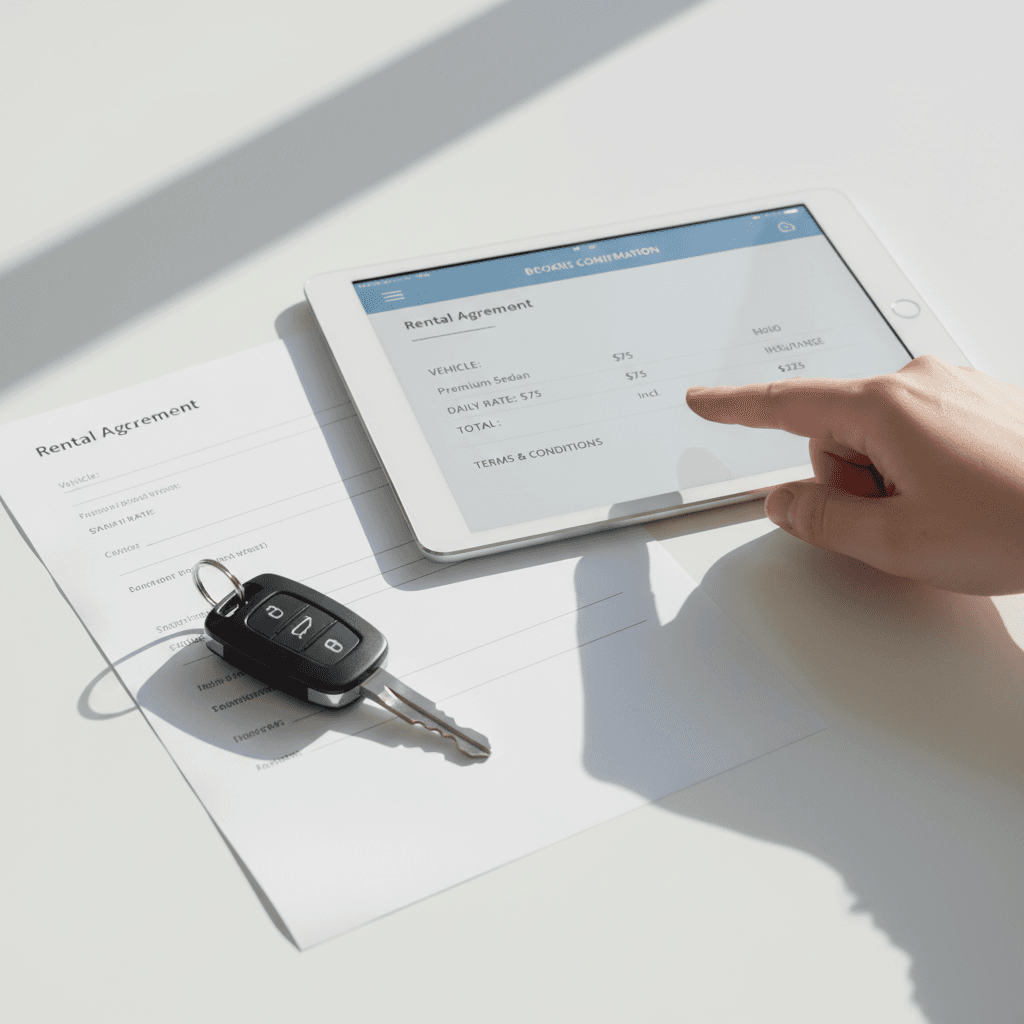 Hand pointing to a price breakdown on a tablet