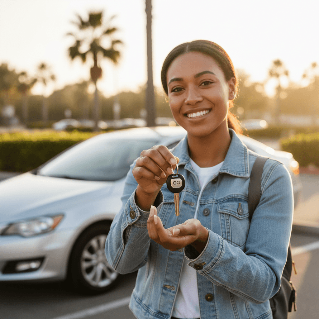 Customer receiving car keys while holding a smartphone