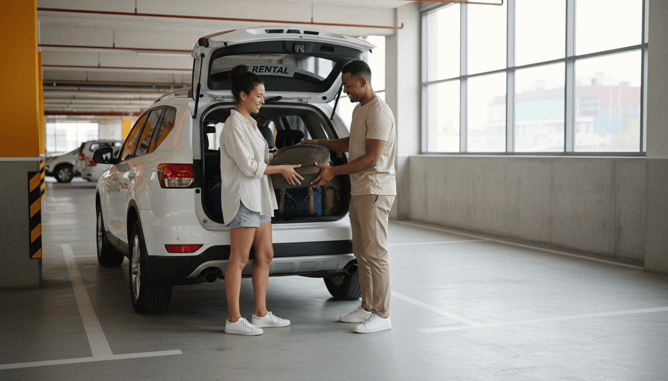 Family loading luggage into a rental SUV